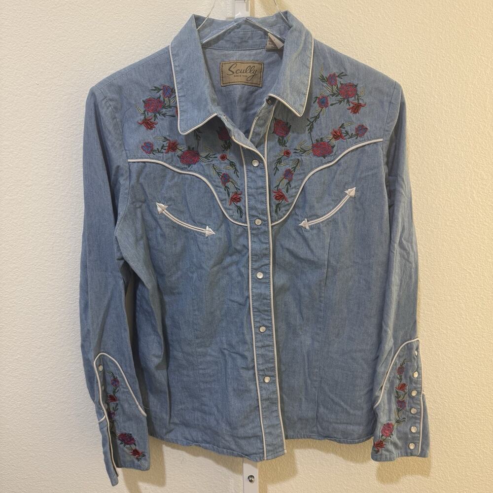 Scully Womens Floral Embroidered Western Snap Shirt Blue Brown PL-654 Medium